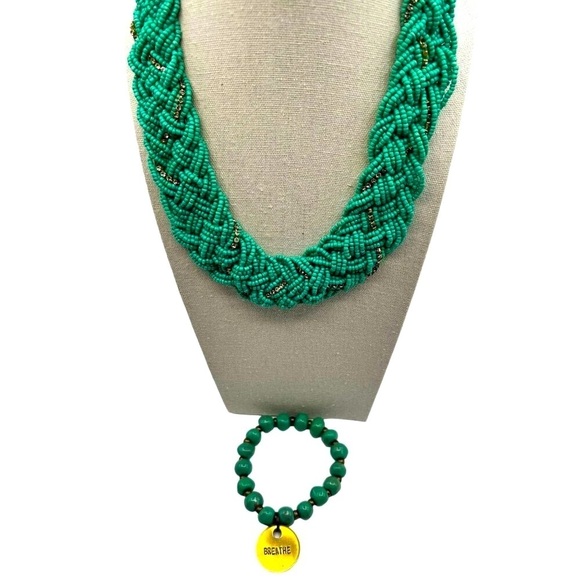 Faux Turquoise Beaded Necklace & Bracelet Set With "Breathe" Charm - Picture 1 of 8